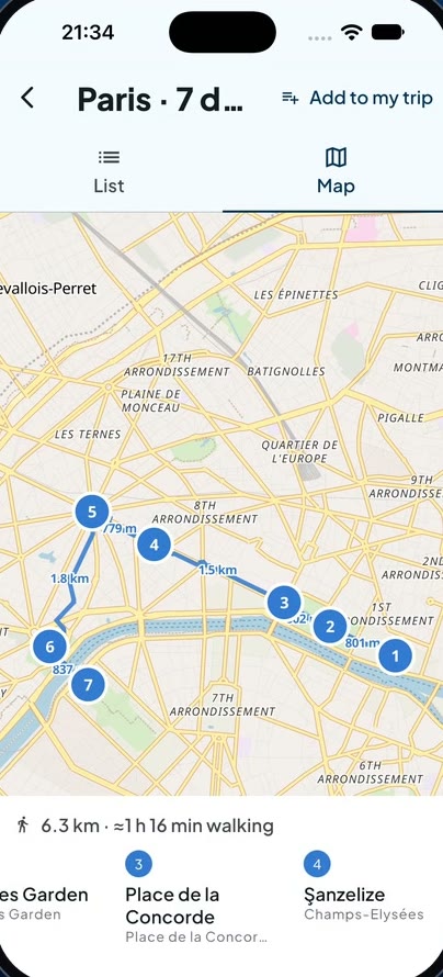 Paris day route on the map